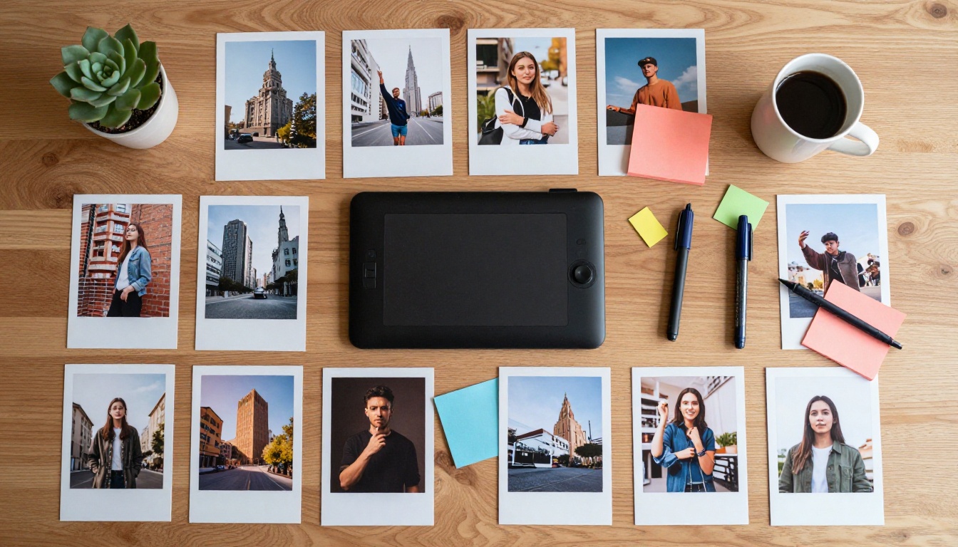 Aerial flat-lay of printed AI-generated photos arranged on an oak wood desk Aerial flat-lay of printed AI-generated photos arranged on an oak wood desk