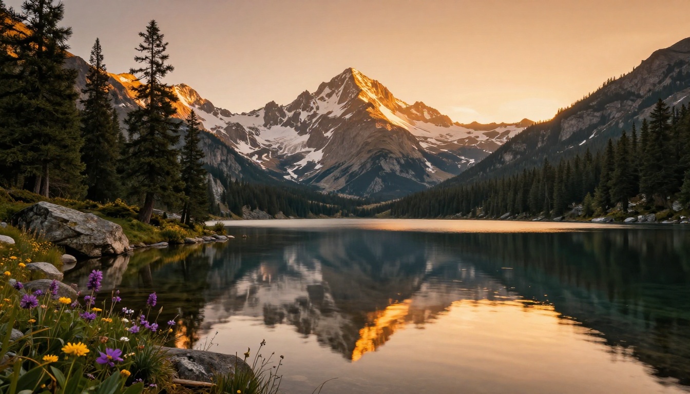 Sweeping alpine mountain lake at golden hour with snow-capped peaks reflected in the water