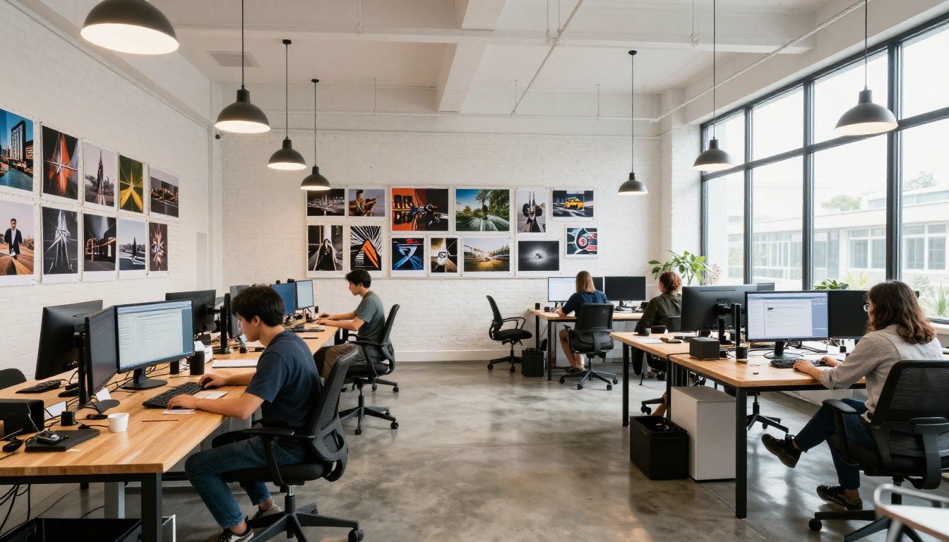 Wide-angle shot of a modern creative agency studio with AI artwork on the walls