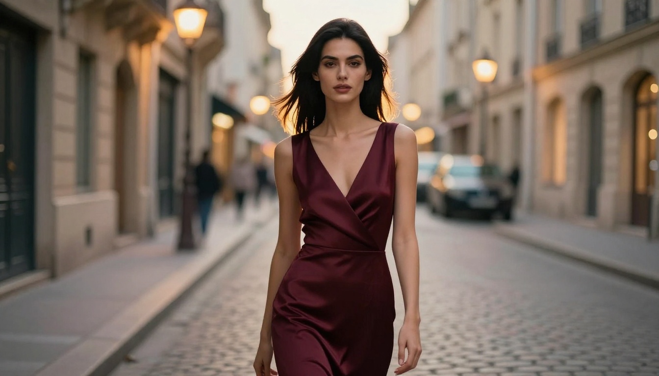 Elegant photorealistic fashion photograph of a woman in a burgundy dress on a European street at dusk