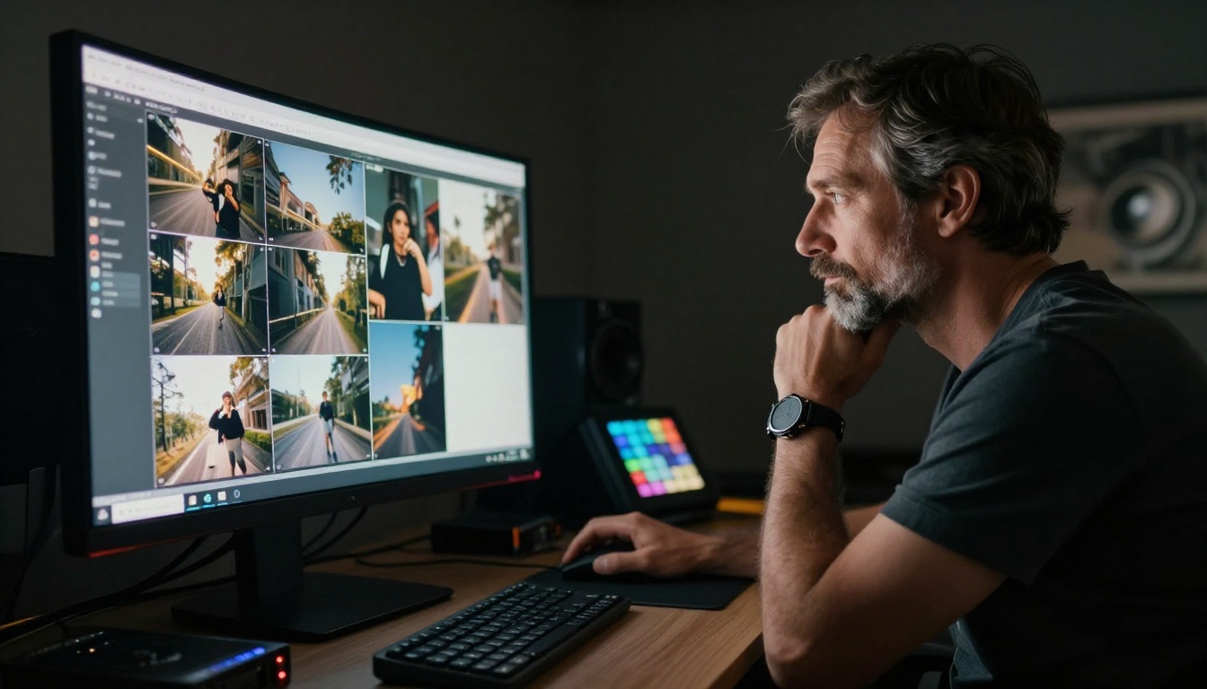 Professional photographer reviewing a grid of AI-generated photos on a studio monitor