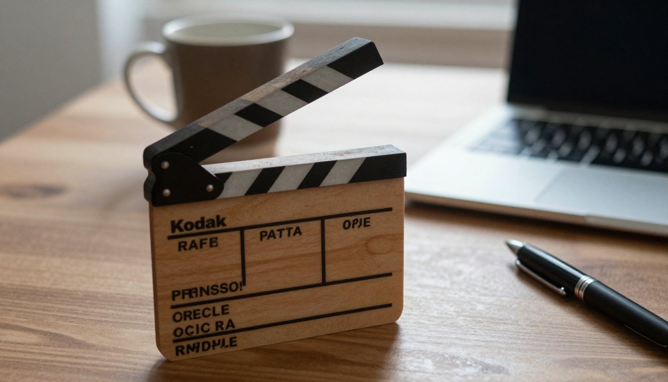 A wooden clapperboard beside an open laptop on a production desk