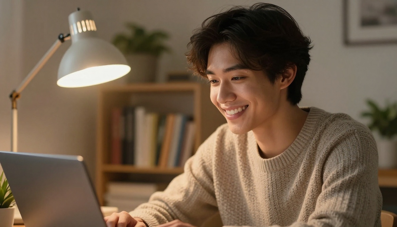 A smiling creator at a laptop in a cozy home studio at dusk