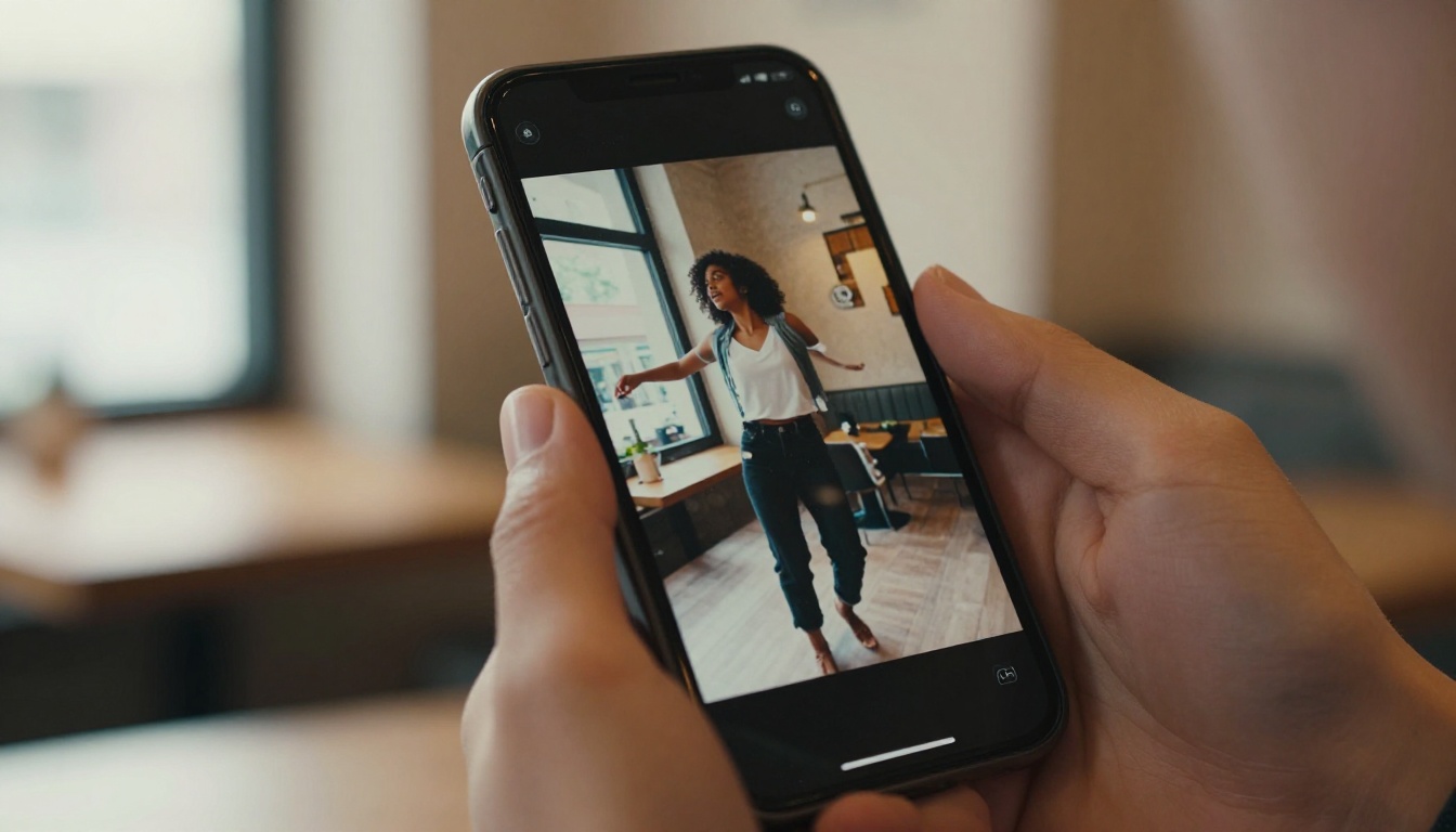A hand holding a phone playing a vertical short video in a cafe