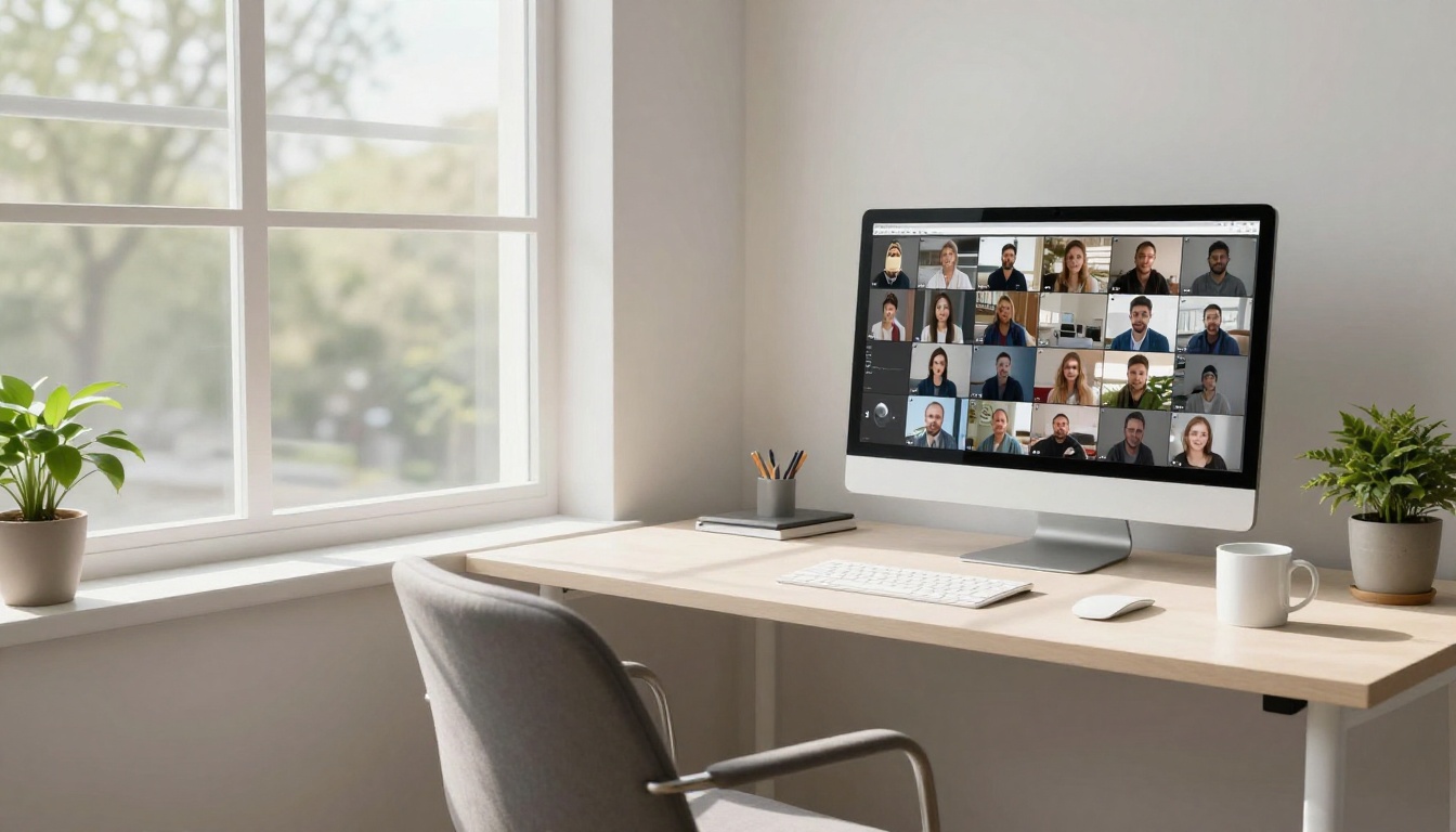 A calm minimalist workspace with a grid of video thumbnails on screen