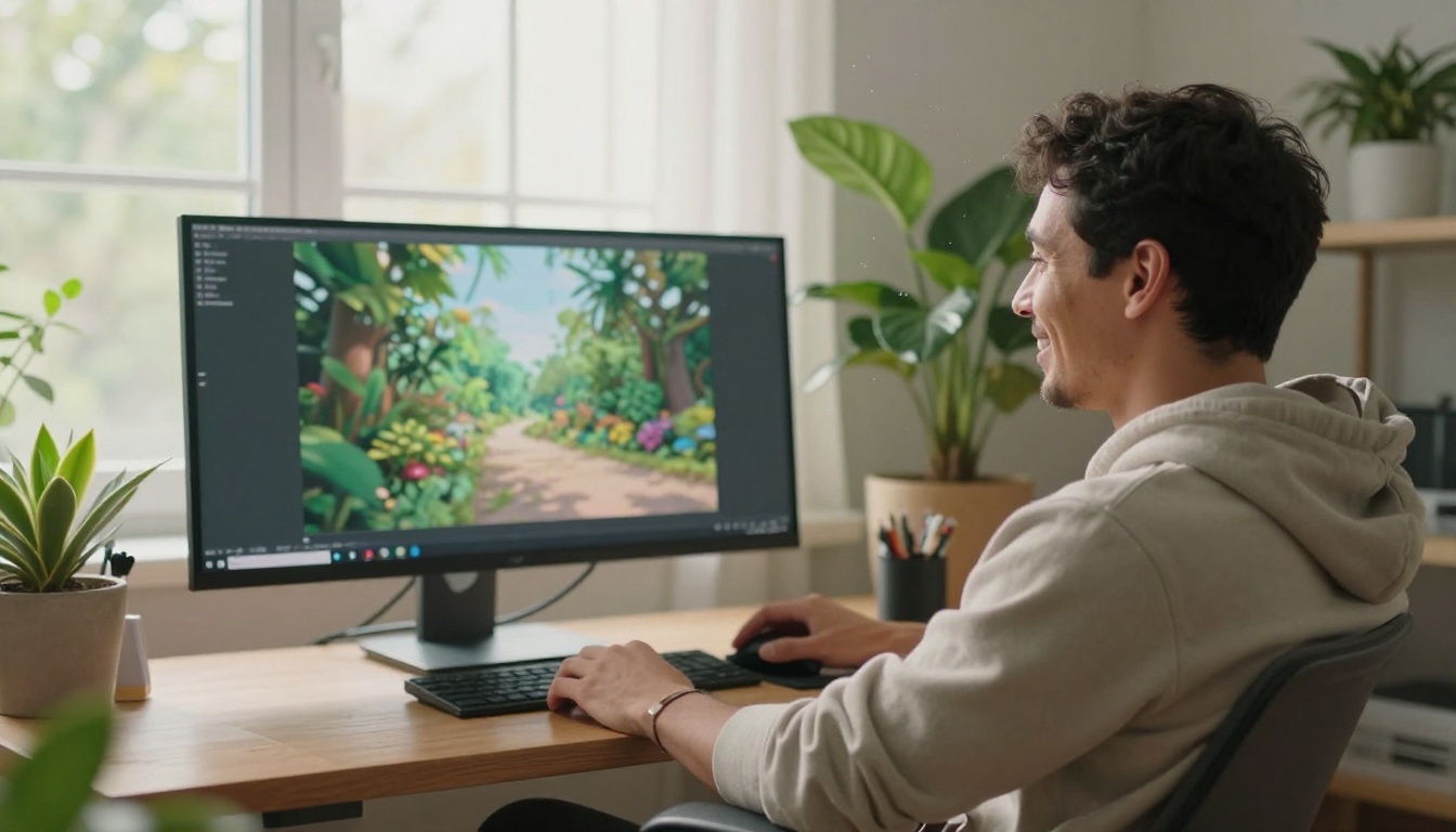 A relaxed creator watching a freshly rendered clip on a studio monitor