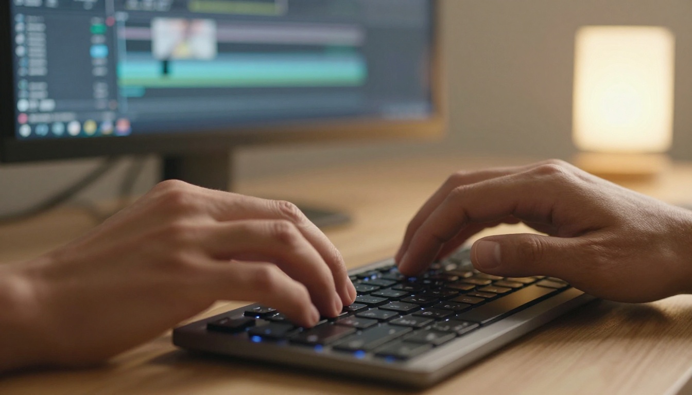 Hands typing a short video prompt on a backlit keyboard