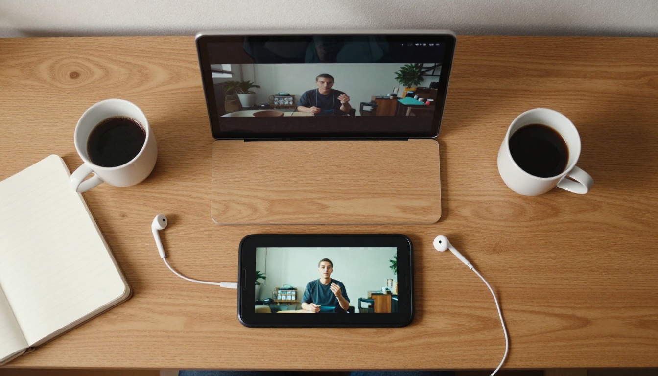 A laptop and a phone on a desk each playing a different short clip