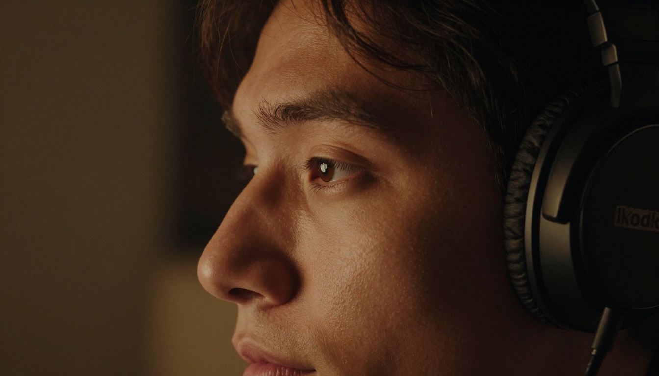 A creator in headphones lit by the soft glow of a monitor