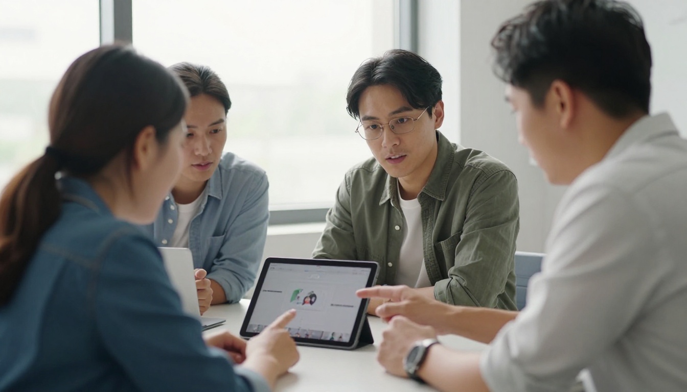 A small team reviewing short clips on a tablet in a bright office