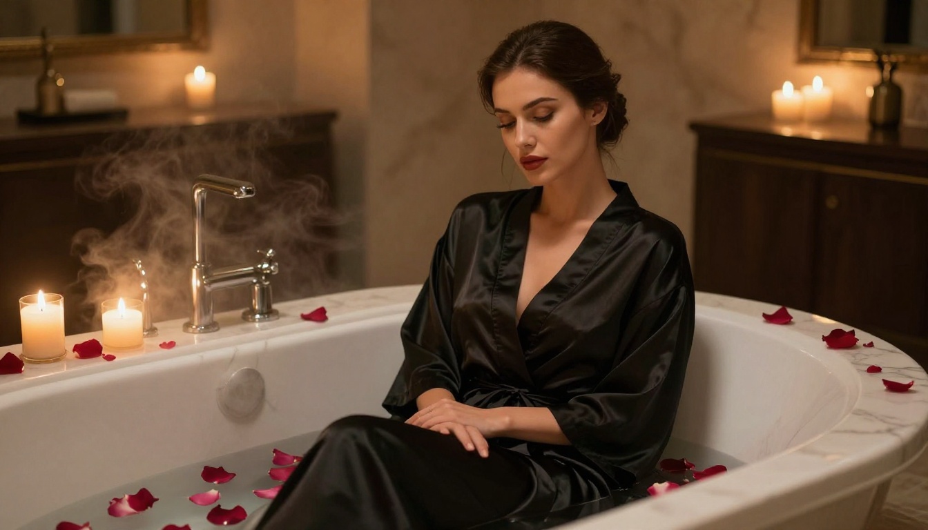 Elegant woman in a black silk robe beside a marble bathtub with warm candlelight and rose petals