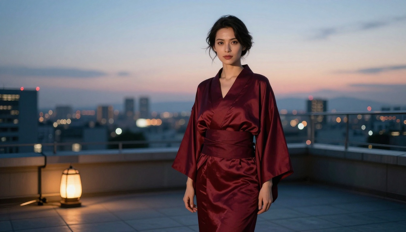 Burgundy silk kimono rooftop glamour at blue hour, soft city skyline bokeh, warm lantern light