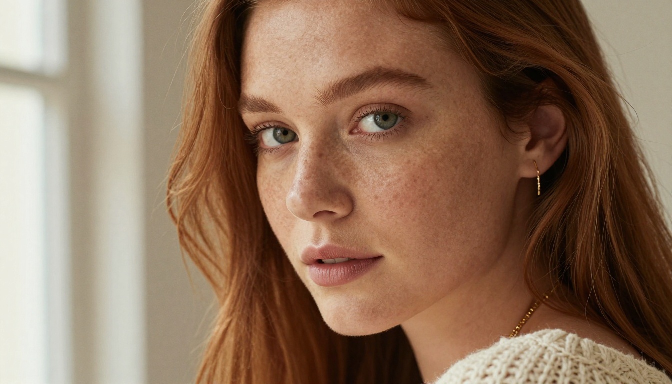 Close-up glamour portrait, freckled fair skin and copper hair, delicate gold jewelry, soft window light with catchlights