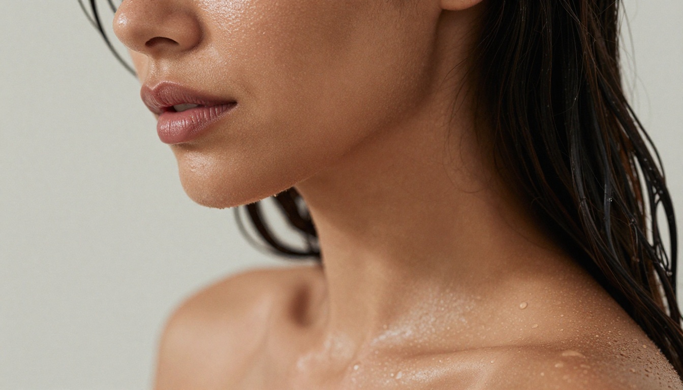 Close-up beauty portrait, dewy olive skin and wet-look dark hair, water droplets on the shoulders, soft directional light