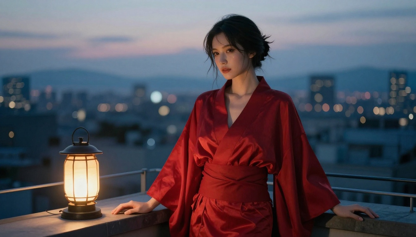 Woman in a flowing crimson silk kimono on a rooftop terrace at blue hour, city skyline bokeh, warm lantern light