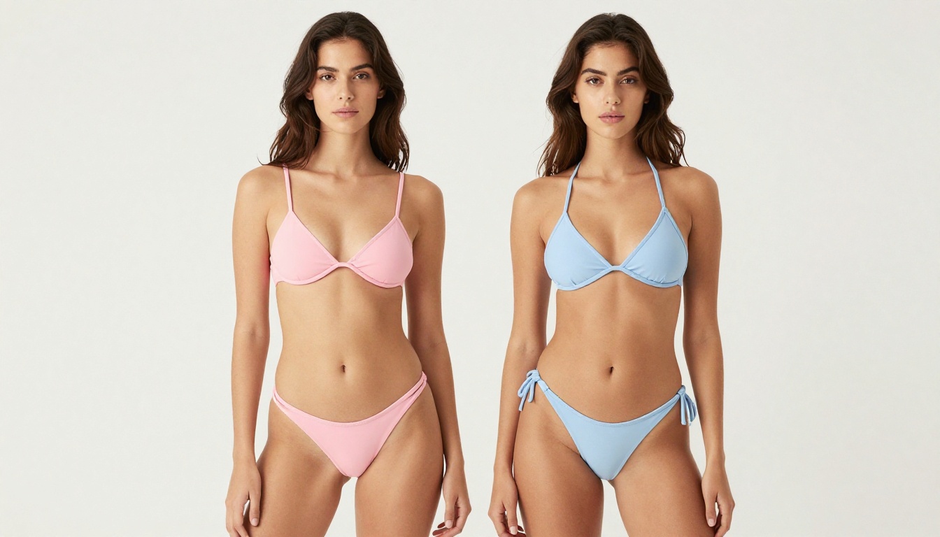 High-fashion studio glamour, two women in pastel bikinis posing side by side, soft beauty-dish lighting, seamless white backdrop