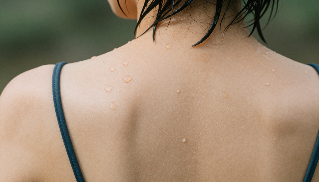 Extreme close-up of bare shoulders with water droplets on sun-kissed skin, soft overcast light, Canon 100mm macro, Fuji Velvia 50