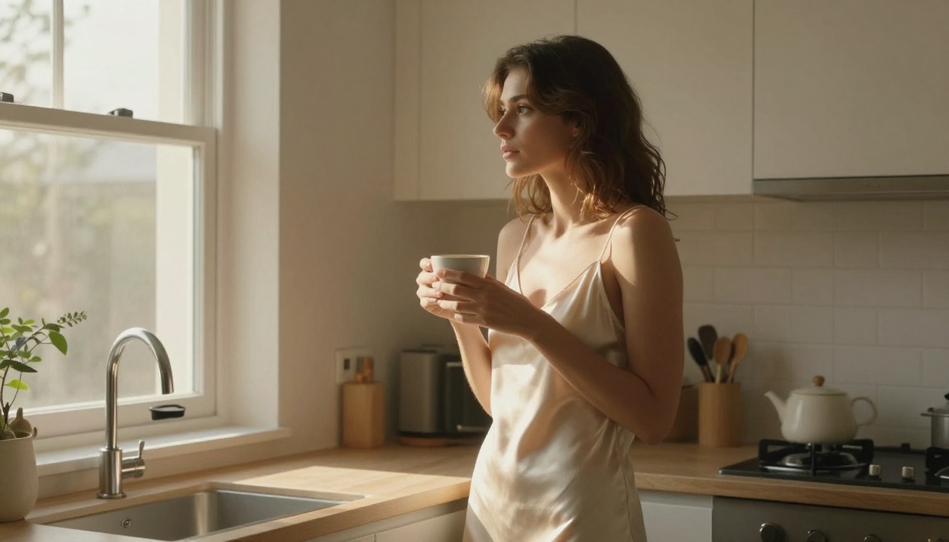 A woman in a cream silk slip in a sunlit minimalist kitchen at morning, candid lifestyle mood, Sony A7 IV, Kodak Portra 400