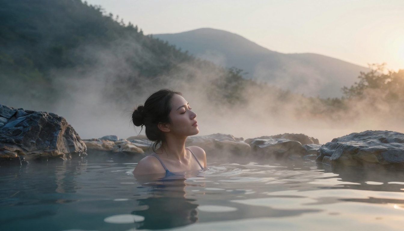 A woman relaxing in a natural rocky hot spring at dawn, drifting mist, forested mountains behind, Kodak Portra 160