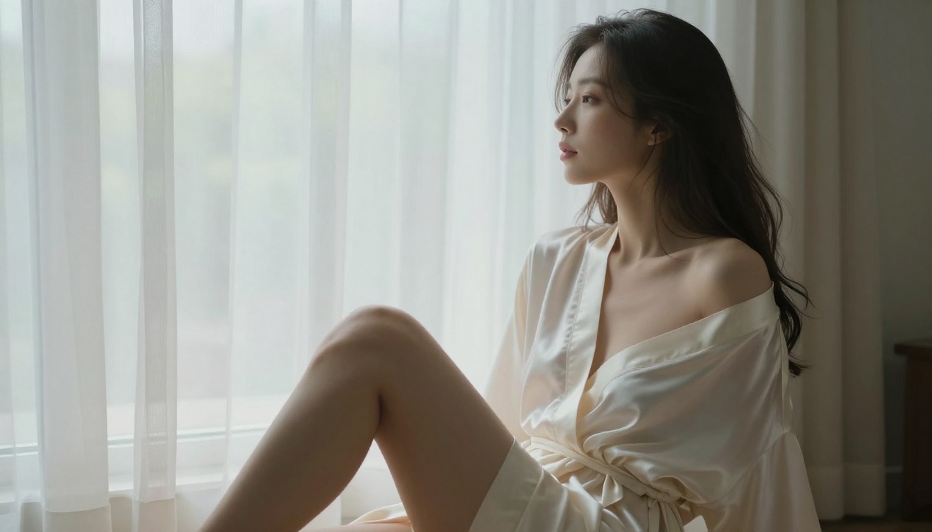 Boudoir portrait in an ivory silk robe