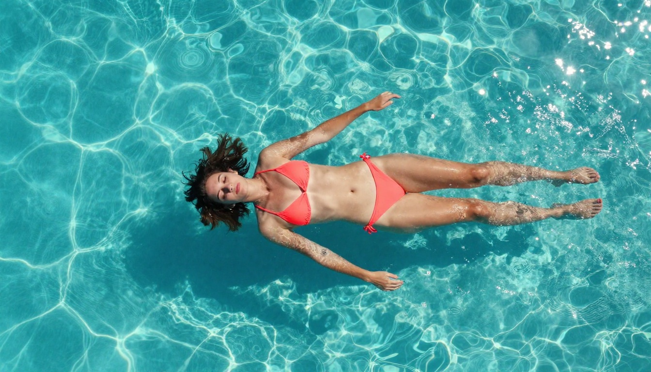 Aerial view of a swimmer in coral swimwear