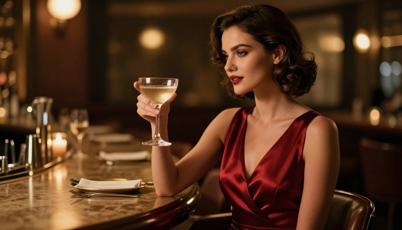 Glamour portrait in a red satin dress at a bar