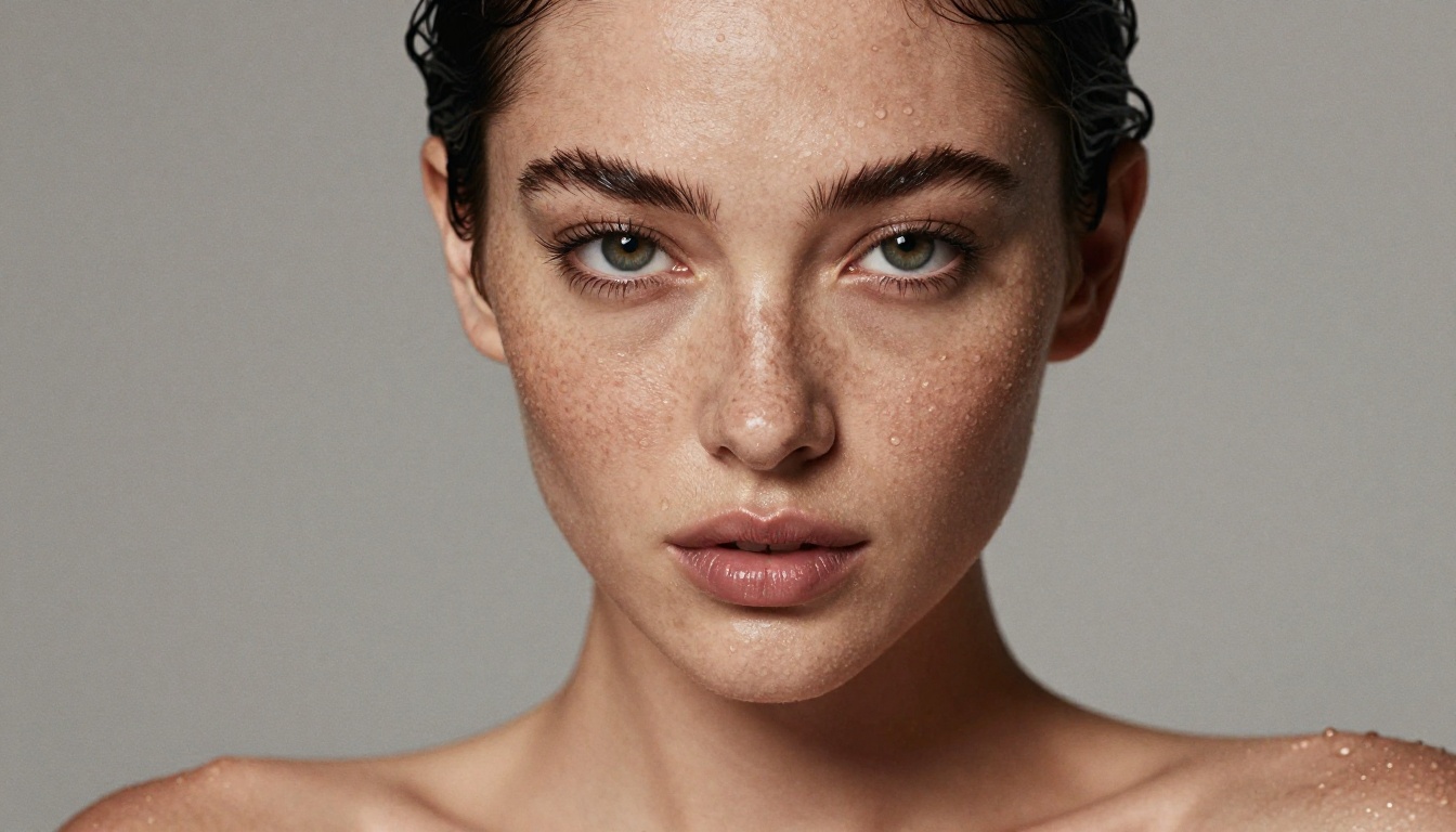 Close-up beauty portrait with water droplets on bare shoulders and pore-level skin detail