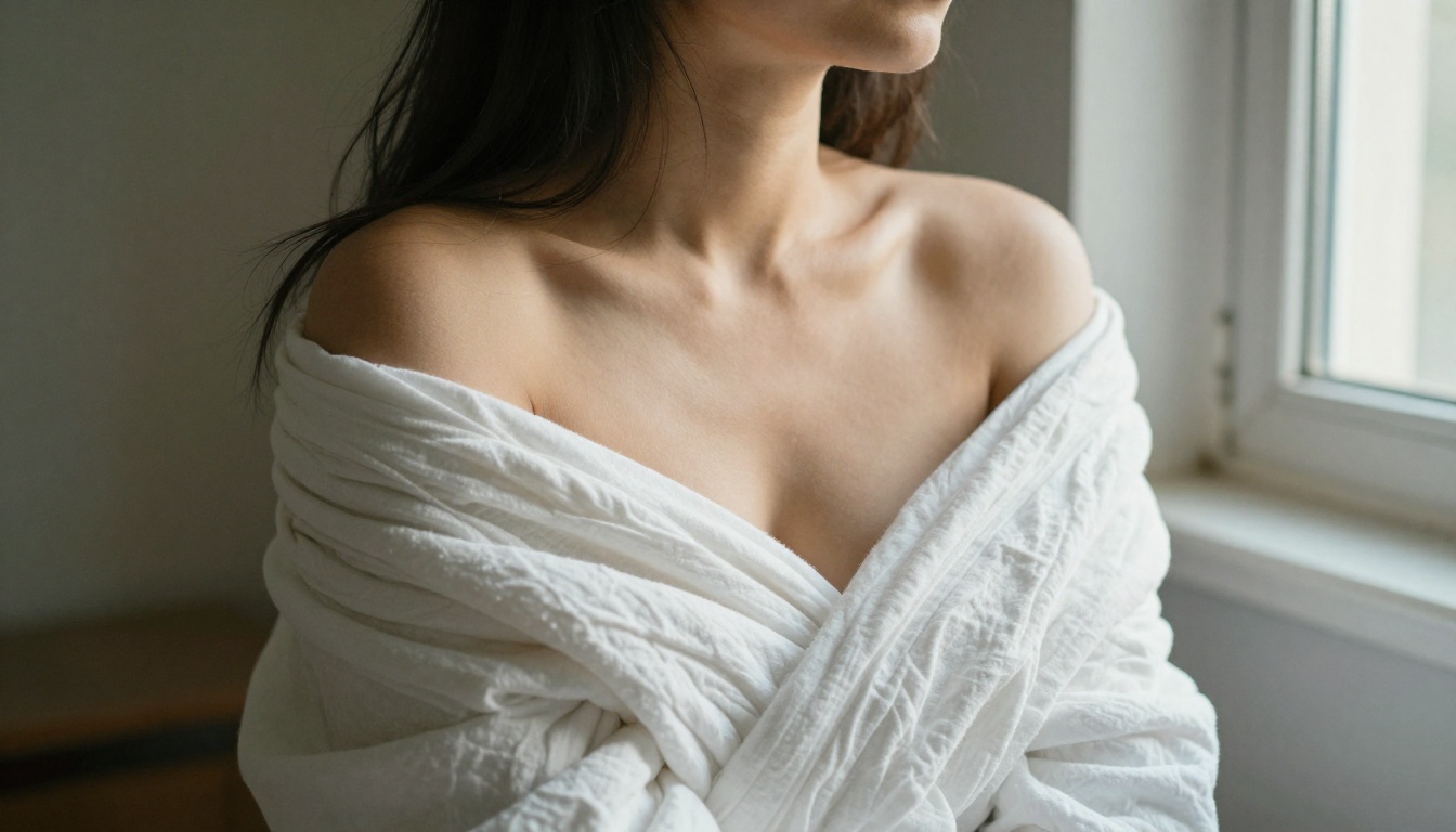Natural-light portrait of a woman wrapped loosely in a white cotton sheet by a sunlit window