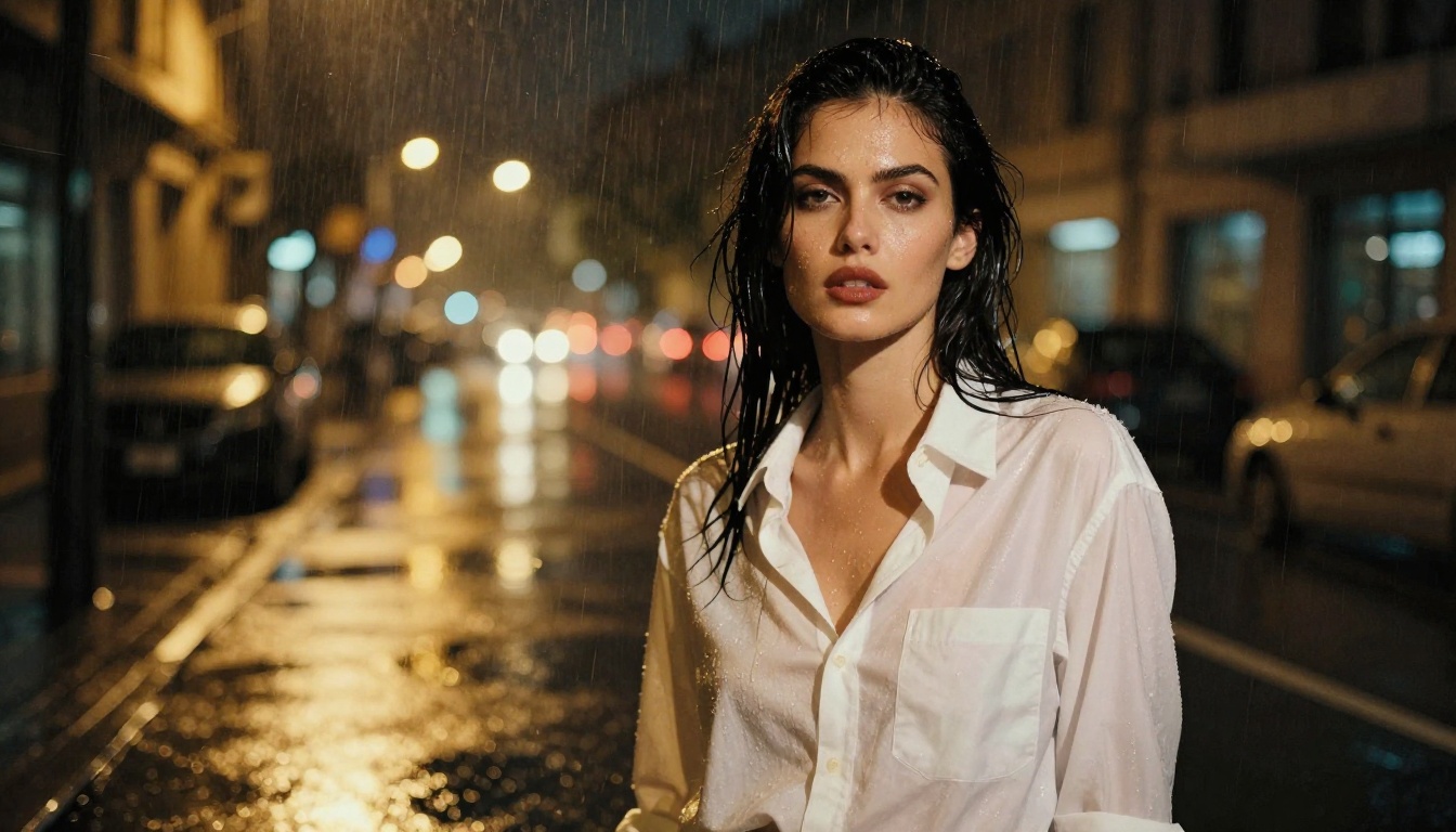 Cinematic neo-noir glamour portrait of a woman in a wet shirt on a rainy night street