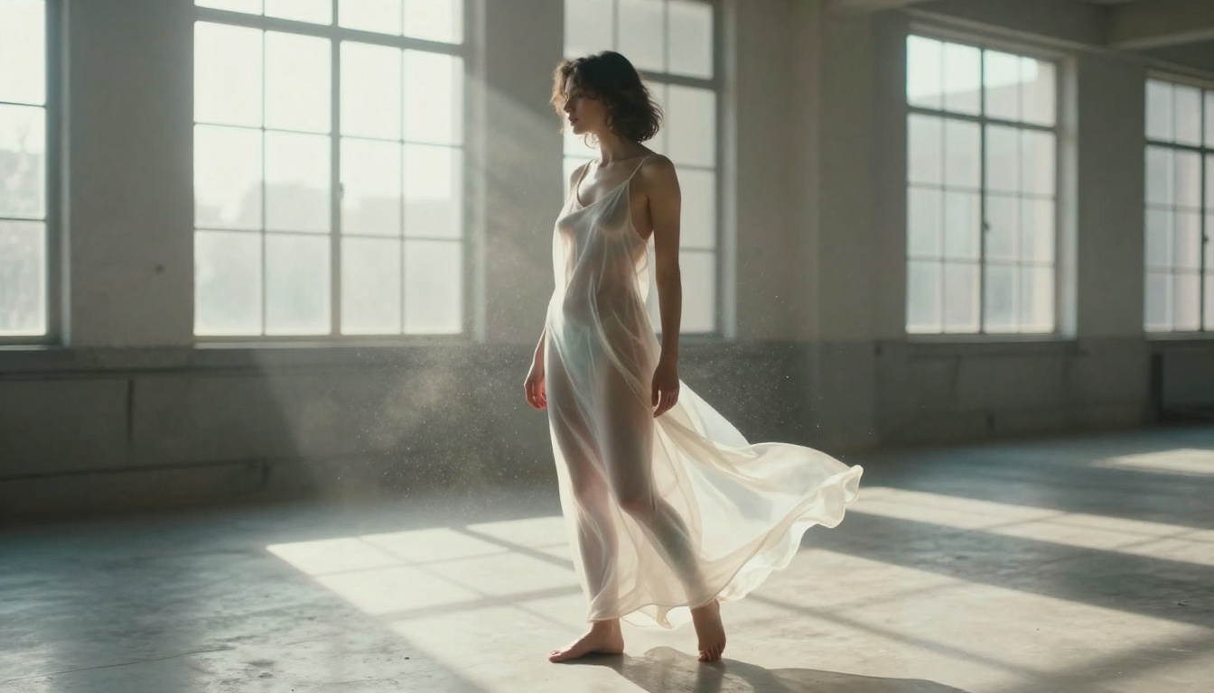 Elegant figure study of a woman in a translucent slip in a sunlit loft with volumetric light beams