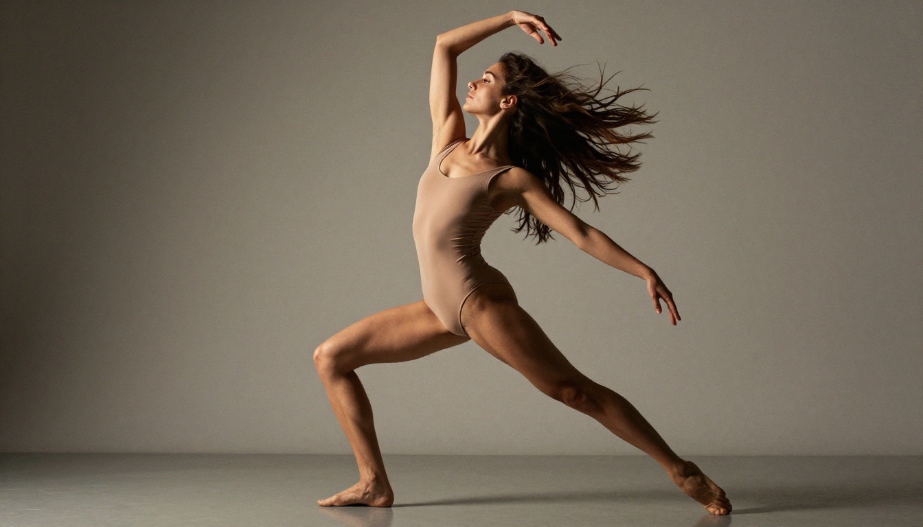 Dynamic studio shot of a dancer mid-pose in a nude-toned leotard under hard directional light