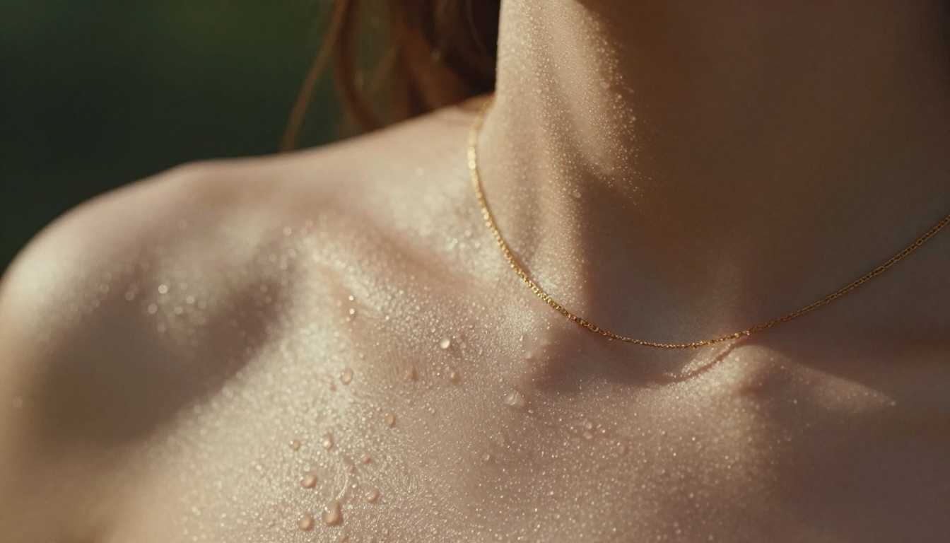 Extreme macro of dewy skin texture on a collarbone with a delicate gold chain in golden light