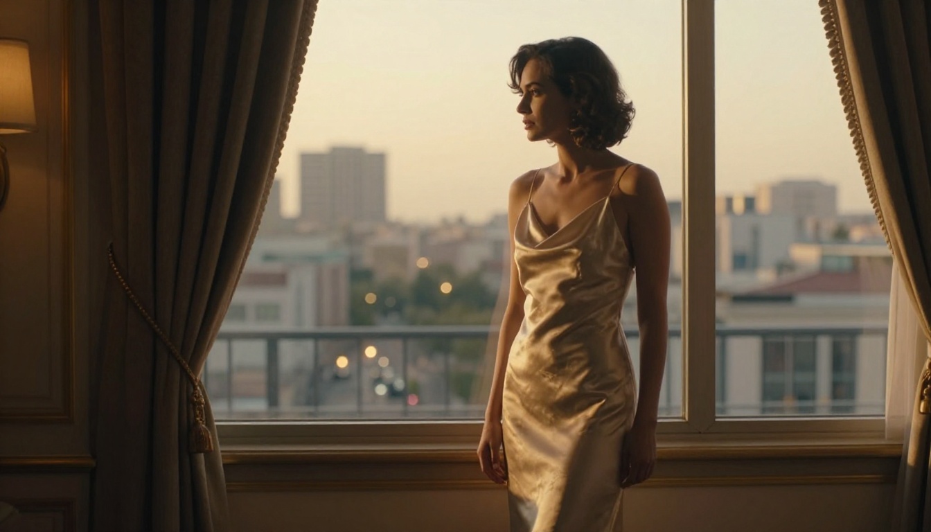 Cinematic scene of a woman in a champagne silk slip at a luxury hotel window at golden hour