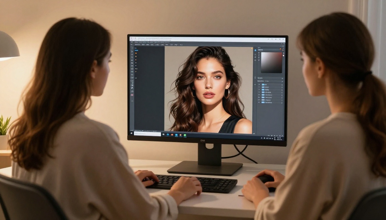 Over-the-shoulder view of a woman at a desk reviewing a glamour portrait on a large monitor