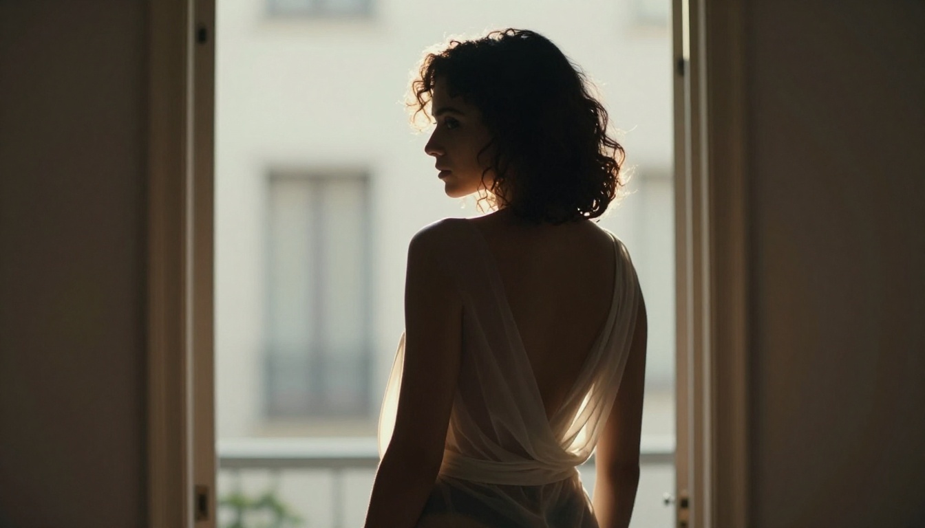 Dramatic backlit silhouette of a woman in a sheer wrap standing in a sunlit doorway