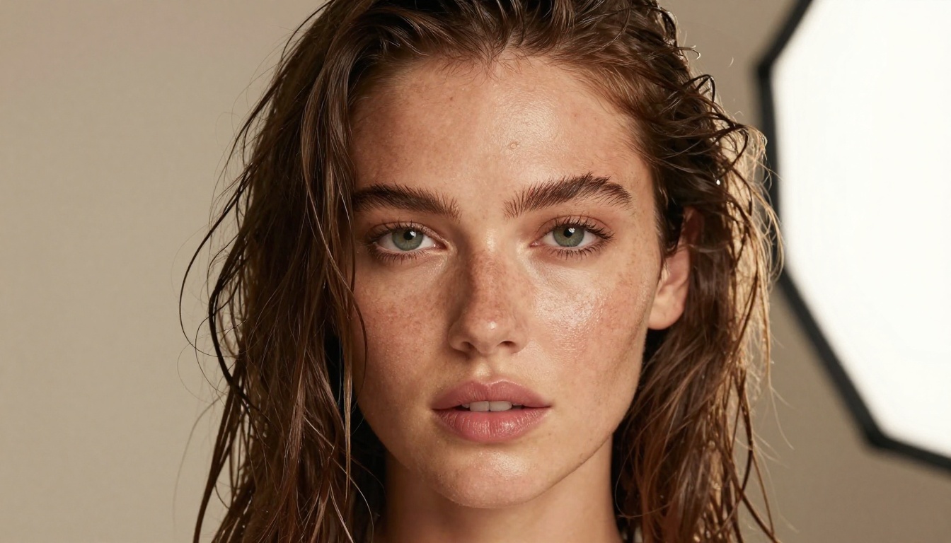 Photorealistic close-up beauty portrait of a woman with wet tousled hair and glistening sun-kissed skin, soft studio light, Kodak Portra 400 grain, 8K
