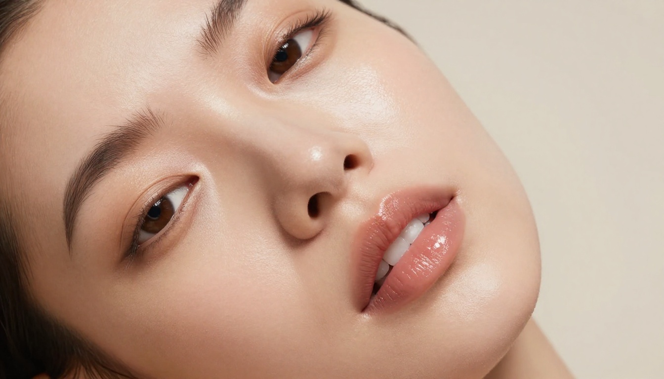Photorealistic high-resolution beauty close-up of a woman with dewy luminous skin, soft beauty-dish lighting, Phase One 120mm macro, editorial quality, 8K