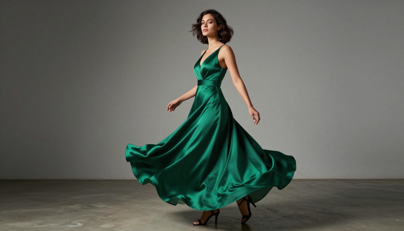Photorealistic studio fashion editorial of a woman in an emerald green silk evening gown twirling, fabric swirling in motion, soft key light, Sony 50mm, 8K
