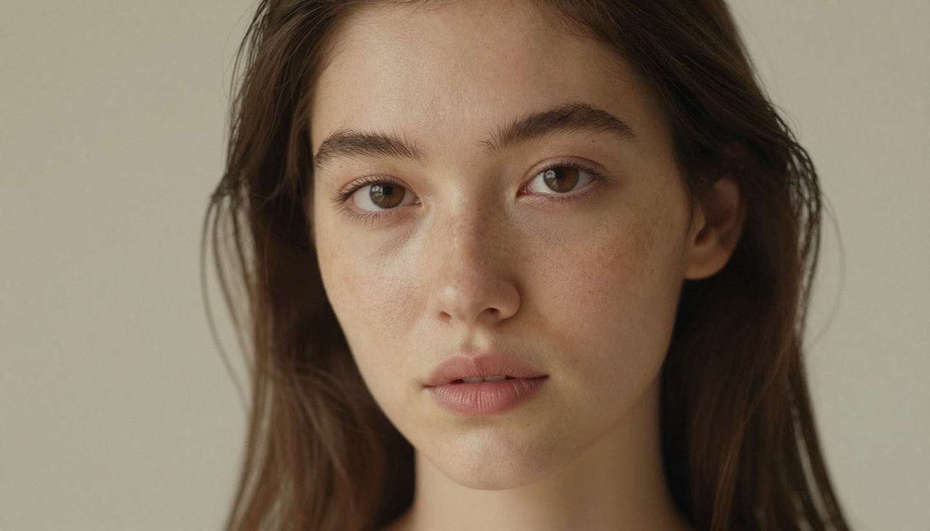 Ultra-realistic beauty close-up portrait of a young woman with luminous natural skin and soft freckles under gentle morning light