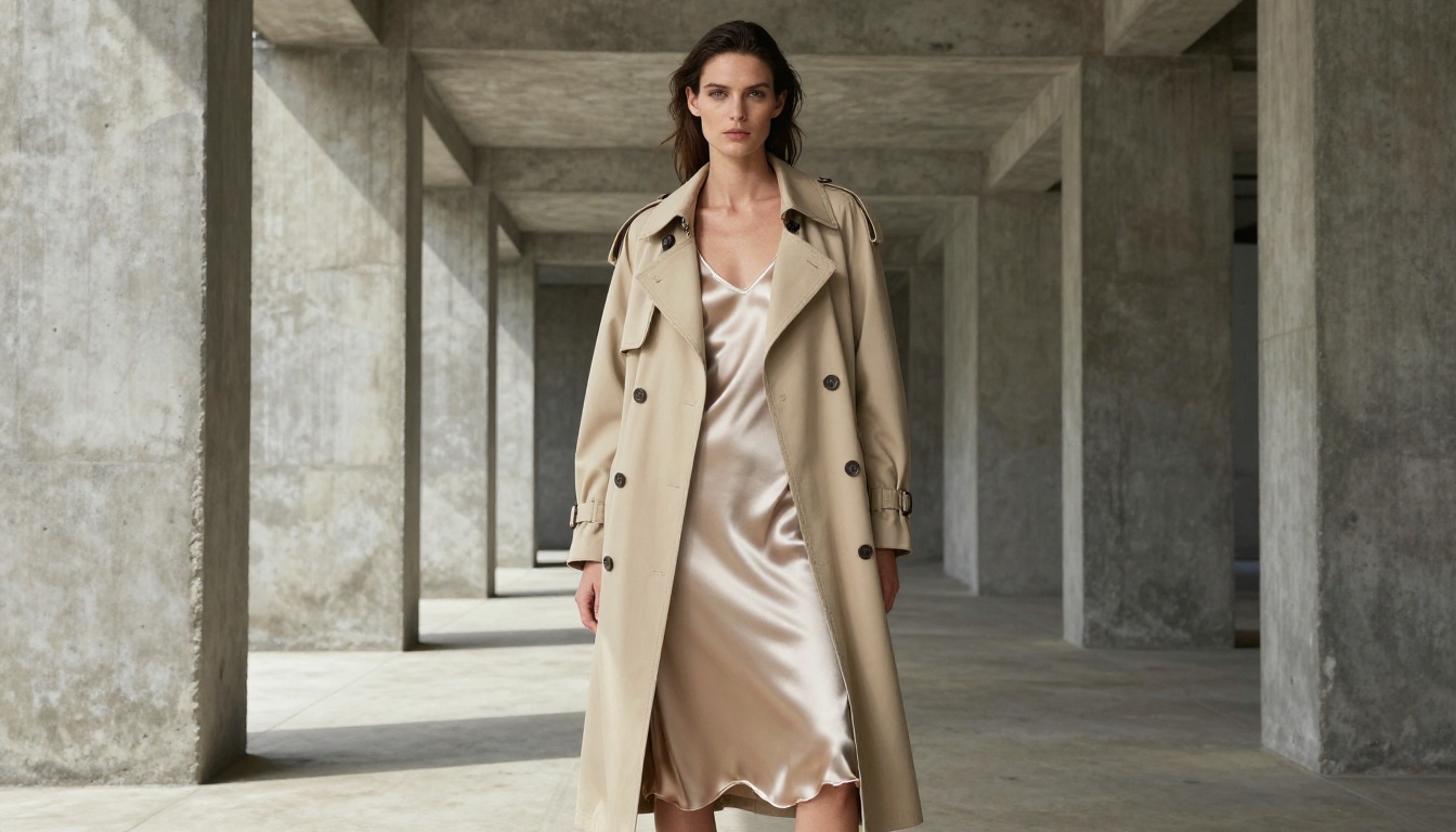 Photorealistic high-fashion editorial of a woman in a beige trench coat in a brutalist concrete corridor with hard daylight, Hasselblad 80mm, cinematic, 8K