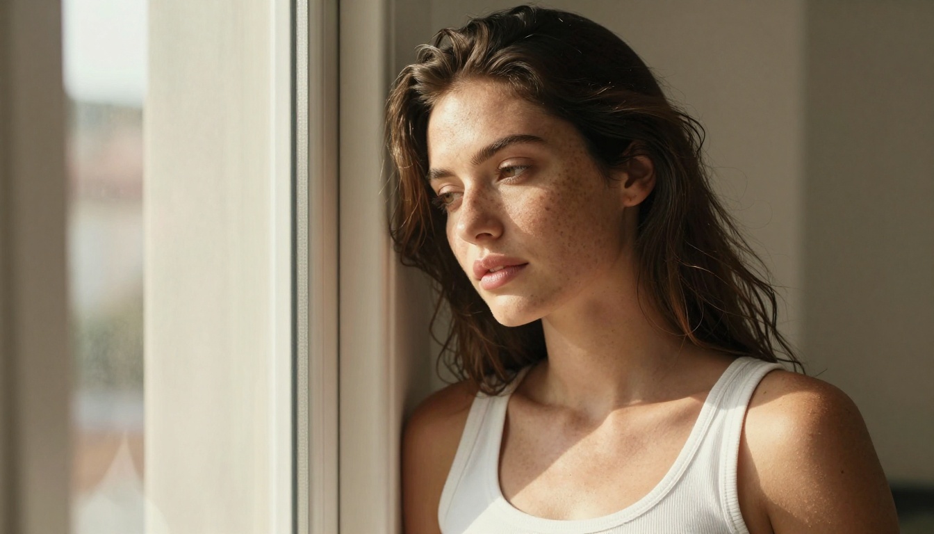 Photorealistic editorial portrait of a freckled woman in a cropped white tank top at a sunlit window, warm side light, Sony 85mm, Kodak Portra 400, 8K