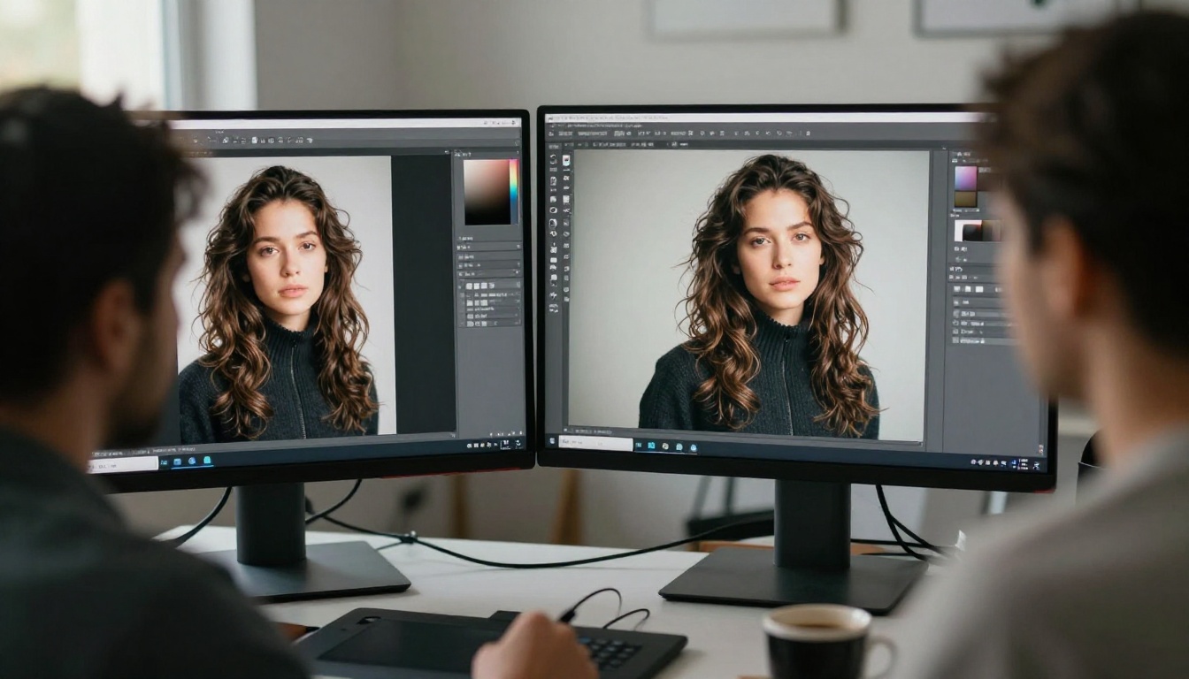 Over-the-shoulder view of a designer retouching a studio portrait on a large monitor with an original and edited version shown side by side