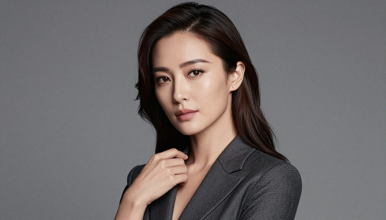 Professional studio glamour portrait of a woman in a tailored evening outfit under soft beauty-dish lighting with polished realistic skin