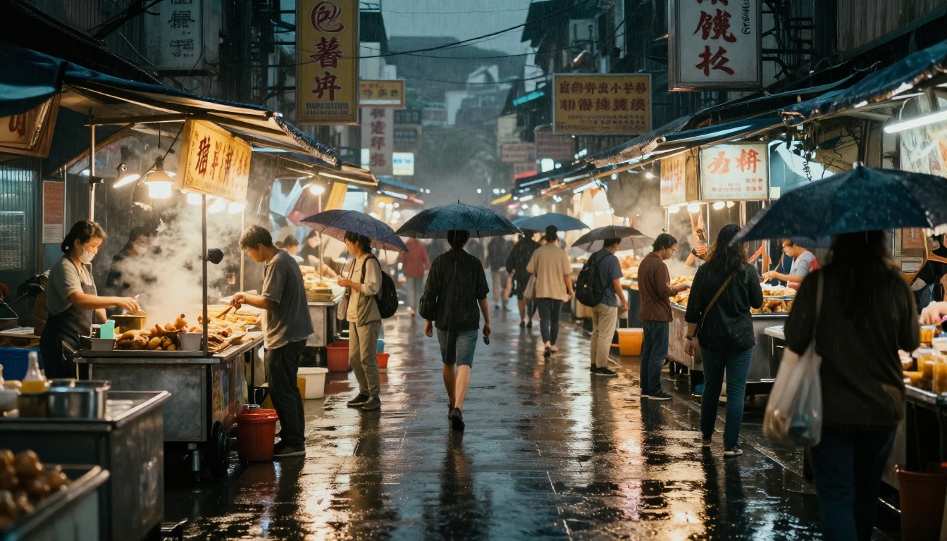 Hyper-detailed rain-soaked night street market in a busy Asian city with glistening wet pavement, steam and intricate signage showing strong multi-element prompt adherence