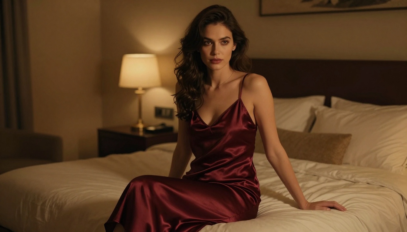 Photorealistic indoor editorial of a woman in a burgundy satin slip on a hotel bed under warm tungsten lamps, moody amber lighting, Fuji GFX 63mm, 8K