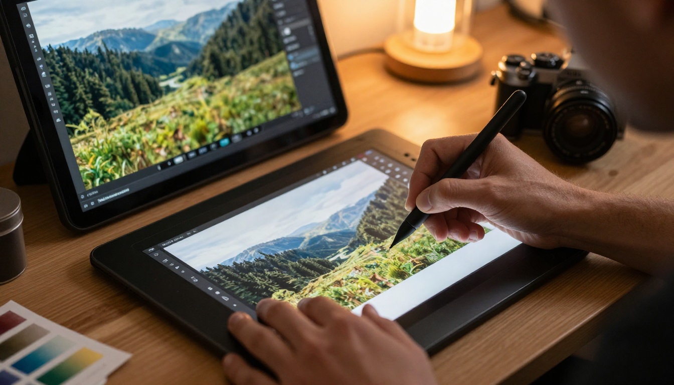 Close-up of an artist's hands editing a realistic landscape photograph on a graphics tablet with a stylus showing a seamless creative editing workflow