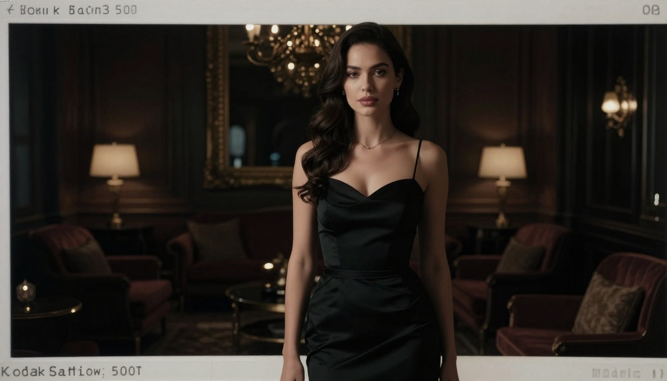 Photorealistic cinematic editorial of a woman in a black evening gown in a dim luxury lounge lit by a single key light, deep contrast, Kodak Vision3 500T, 8K