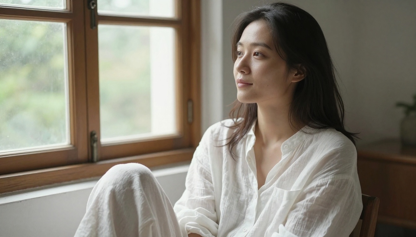 Photorealistic relaxed lifestyle portrait of a woman in a white linen shirt by a rustic window with soft overcast daylight, Canon 50mm, airy palette, 8K