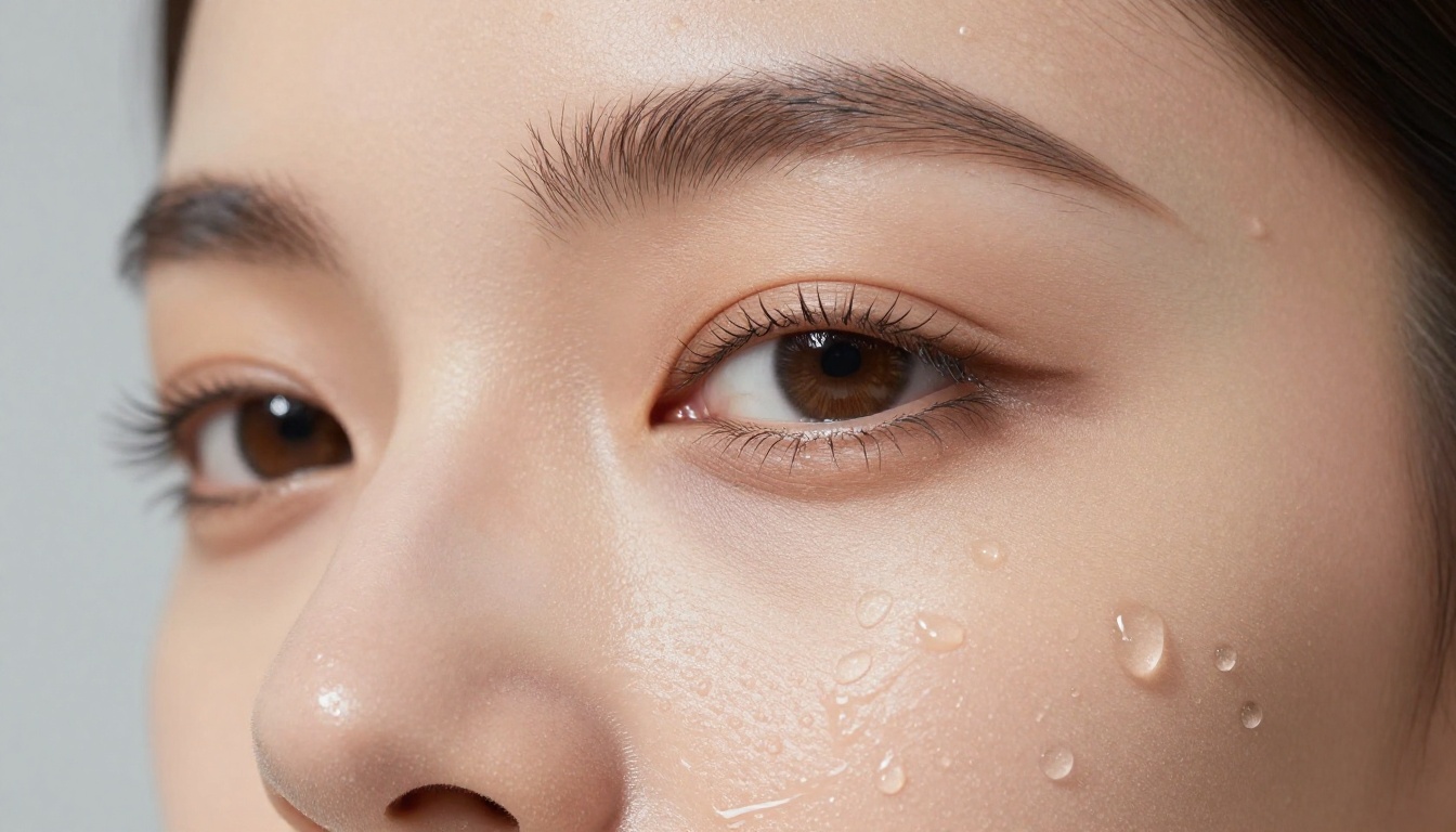 Photorealistic ultra-detailed beauty close-up of a woman's face and bare shoulder with water droplets on luminous skin, crisp directional light, Phase One 120mm macro, 8K