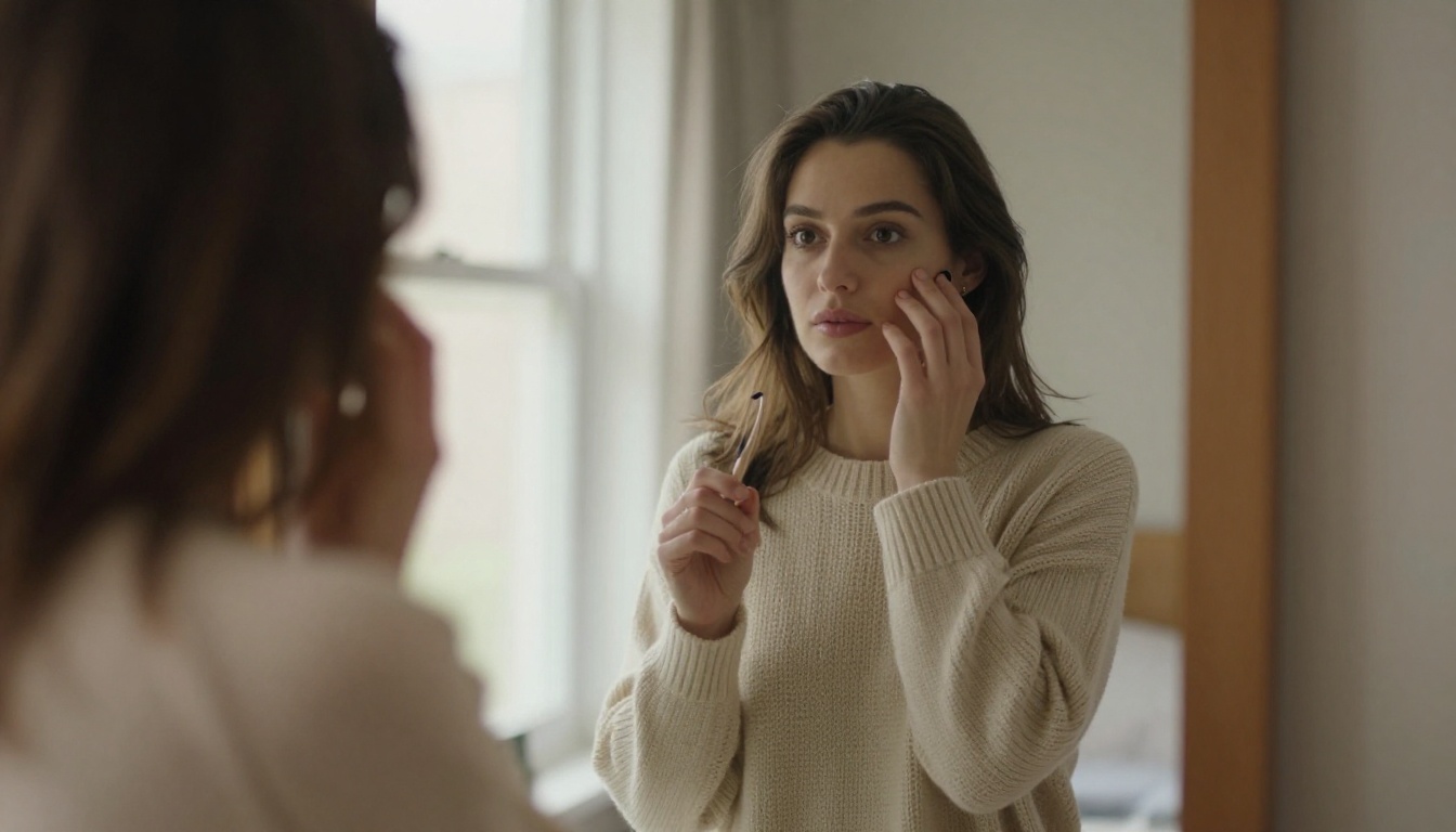 Photorealistic over-the-shoulder editorial of a woman in a cream knit sweater photographing herself in a softly lit bedroom mirror, warm window light, Sony 35mm, 8K